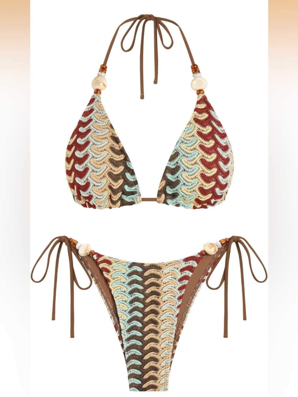 Brown Multicolor Crochet Triangle Bikini Set - Women Swim